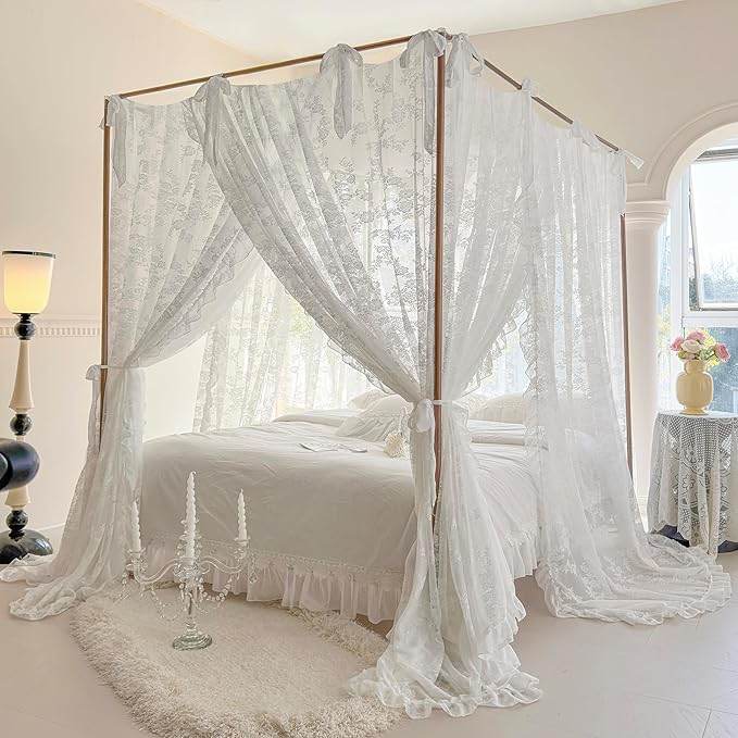 Mengersi Canopy Bed Curtains with Tie Backs,Bed Canopy Curtains Bed Drapes Sheer Curtains for Bedroom Decor（King,White