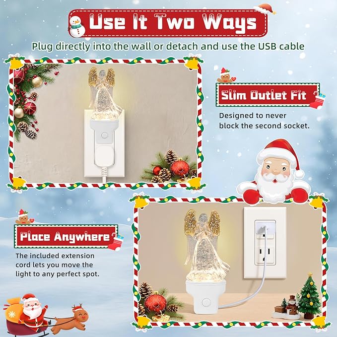 Christmas Angel Night Light Plug into Wall Swirling Glitter USB Portable Christmas Decorative Night Light Decoration for Kids Adults Bedroom Kitchen Living Room Holiday Decor (Angel)