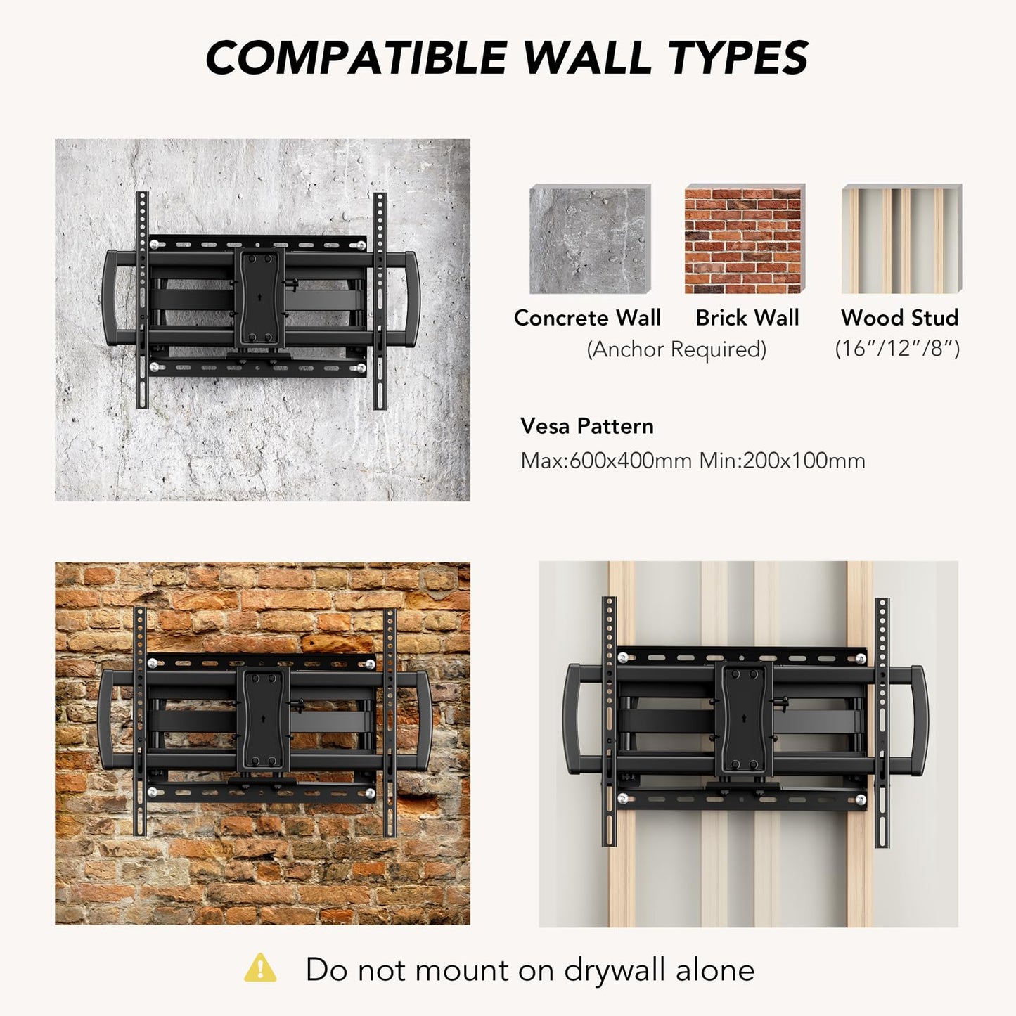 AX WABER Full Motion TV Wall Mount Bracket for Most 32-85 inch TVs,TV Mount with Dual Articulating Arms,Tilt/Swivel/Extension/Leveling,Fits 8” 12” 16" Studs,Max VESA 600x400mm, Holds up to 132lbs