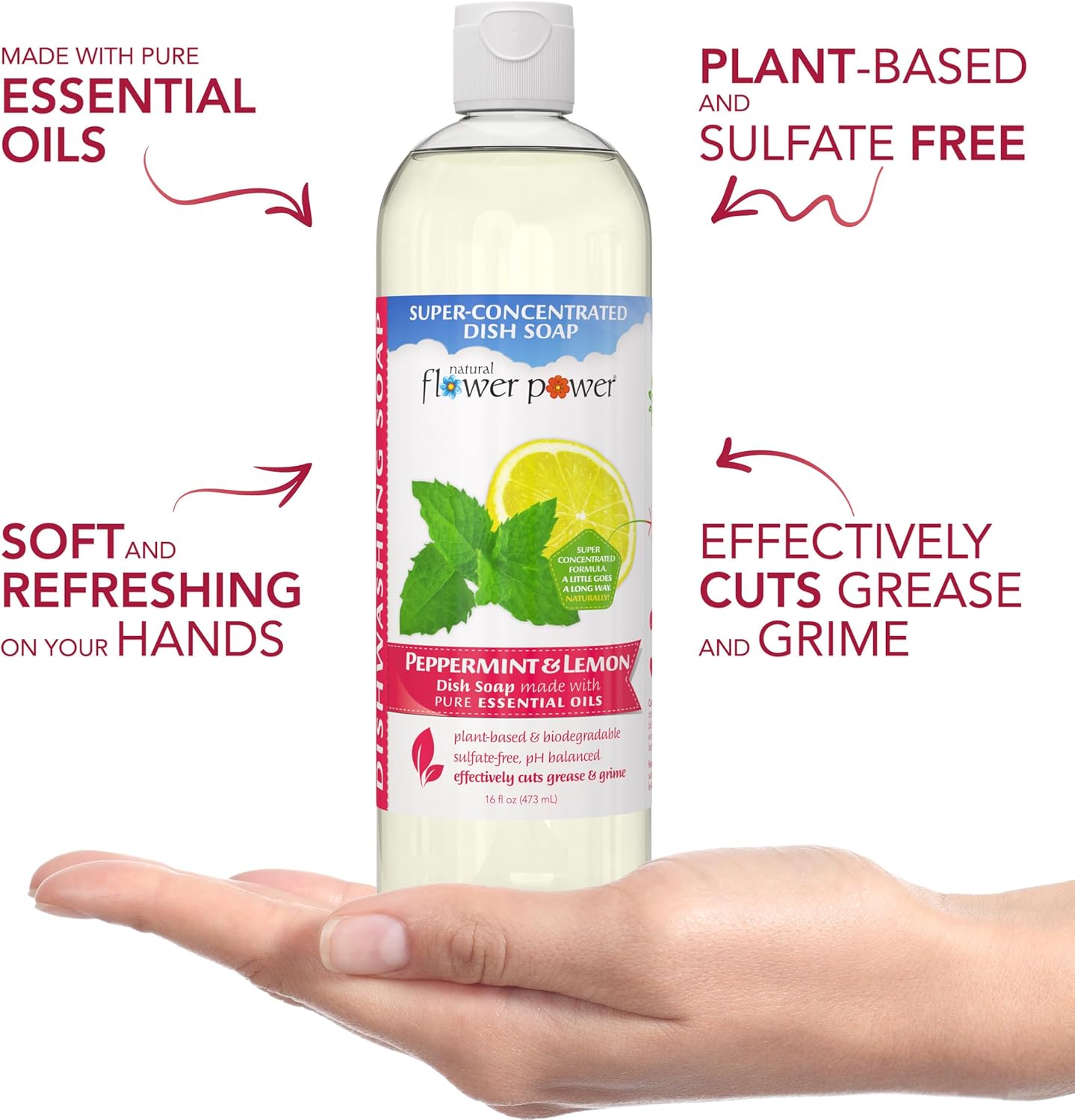 Natural Flower Power - Plant-Derived Dish Soap - Sulfate-Free, Bio-Based, pH-Balanced, Vegan Cleaning Supplies - Peppermint & Lemon - 3 x 16 oz