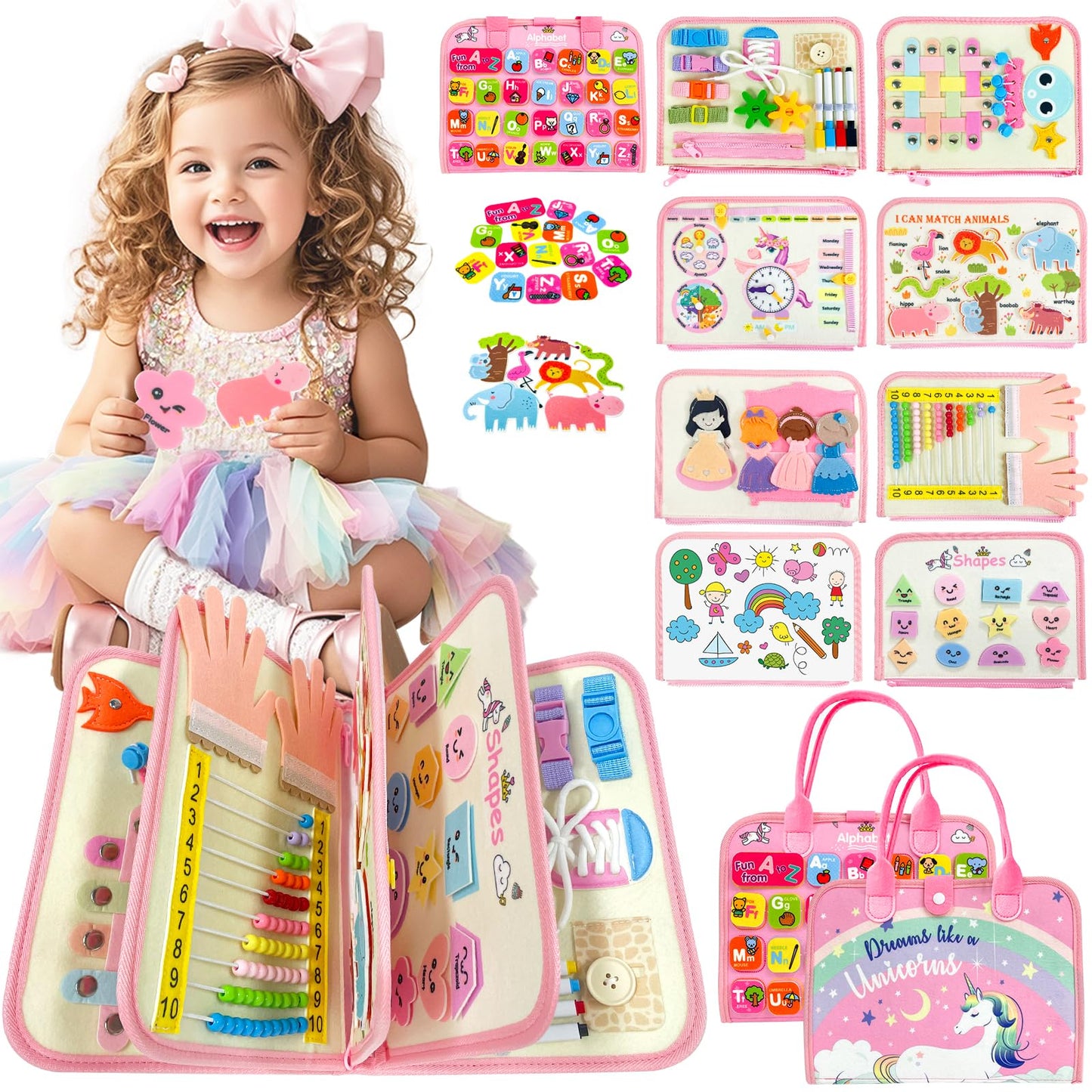 Toddler Busy Board Montessori Toys for Girl Birthday Gift,Educational Learning Sensory Busy Book, Airplane Car Travel Activities Toy for Girl(Pink)