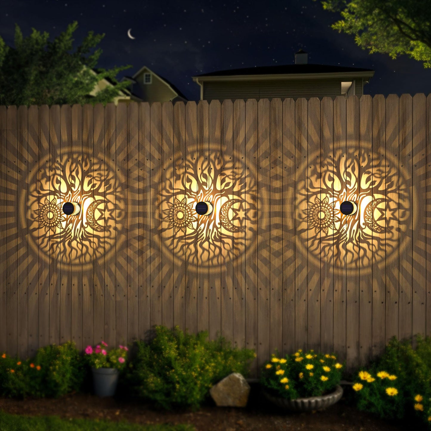 gardencave Solar Fence Lights - 4 Pack, Tree Theme, Waterproof, Outdoor Wall Deck Step Lights, Model Fence1