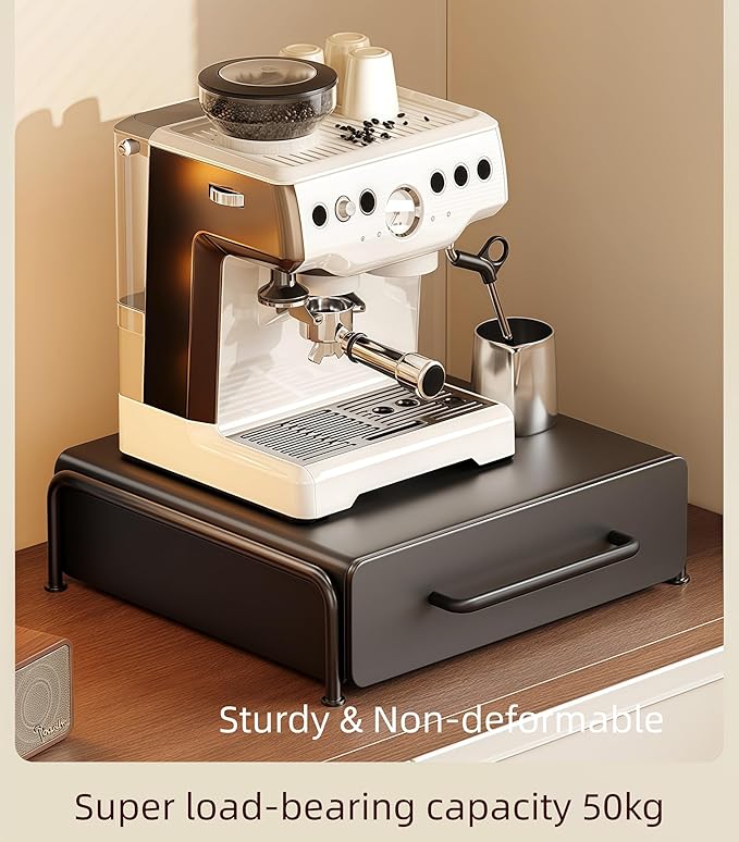 Coffee Pod Organizer Storage Drawer with Slider Tray Cups Holder Countertop Coffee Machine Stand, Metal, 12.99"L * 13.78"W * 3.35"H, Black