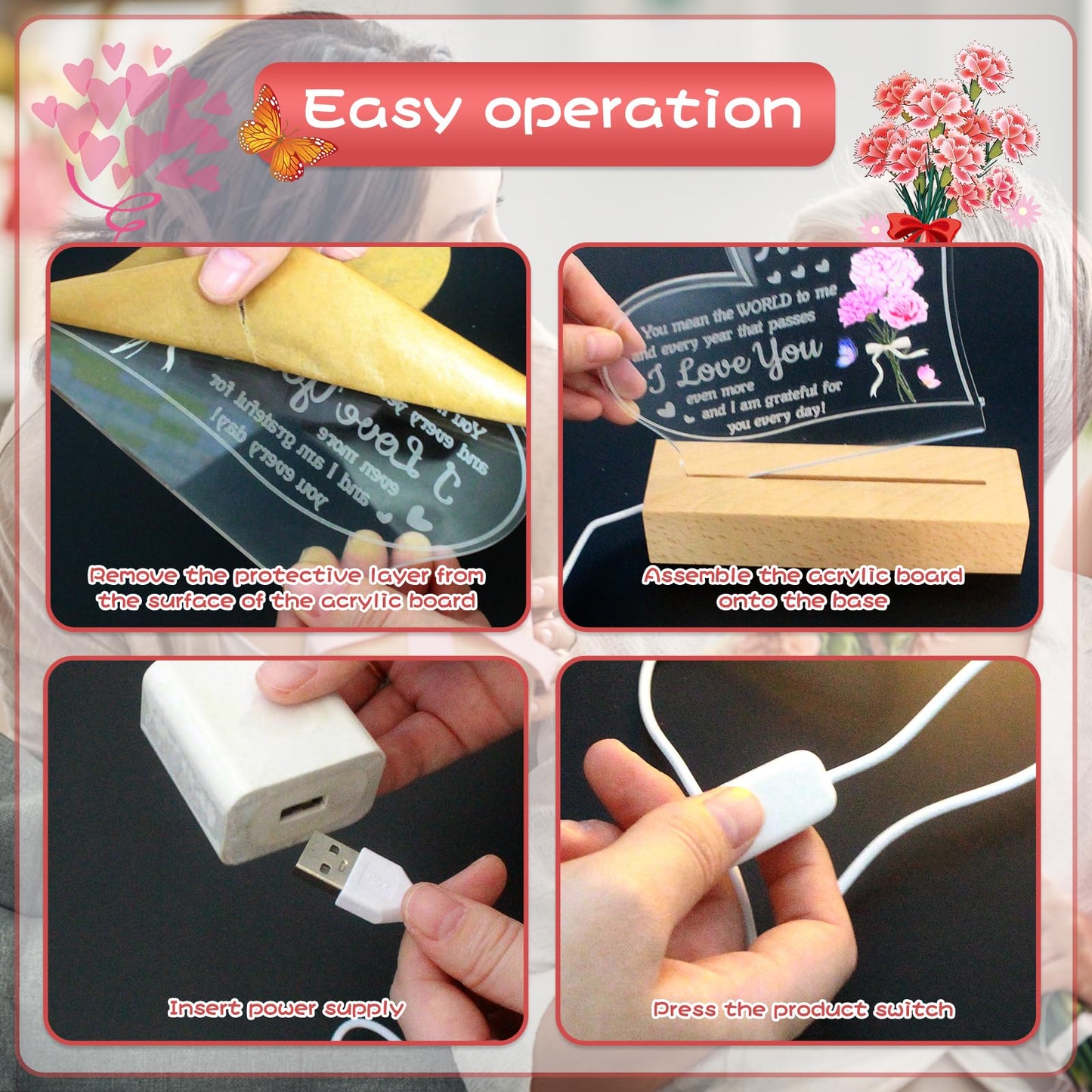Hpydiy Carnation Heart Shape 3D Crystal Acrylic Light Base With Wood Stand  Led Light For Kids Room Decor  Gift For Mom On Birthday Or Holiday  Home D?Cor Art Display