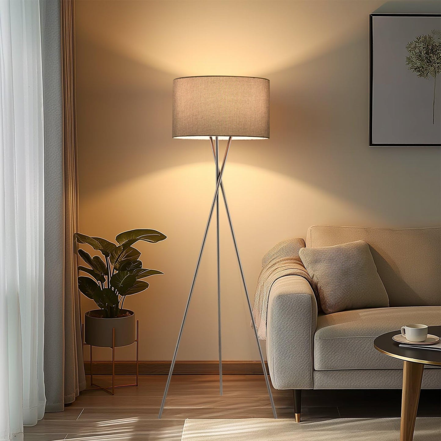 Kira Home Sadie 60 Mid Century Modern Tripod Led Floor Lamp, Brushed Nickel Finish, Gray Shade, Model Rv-F5017-Bn-Gr, Eco-Friendly Bulb Included