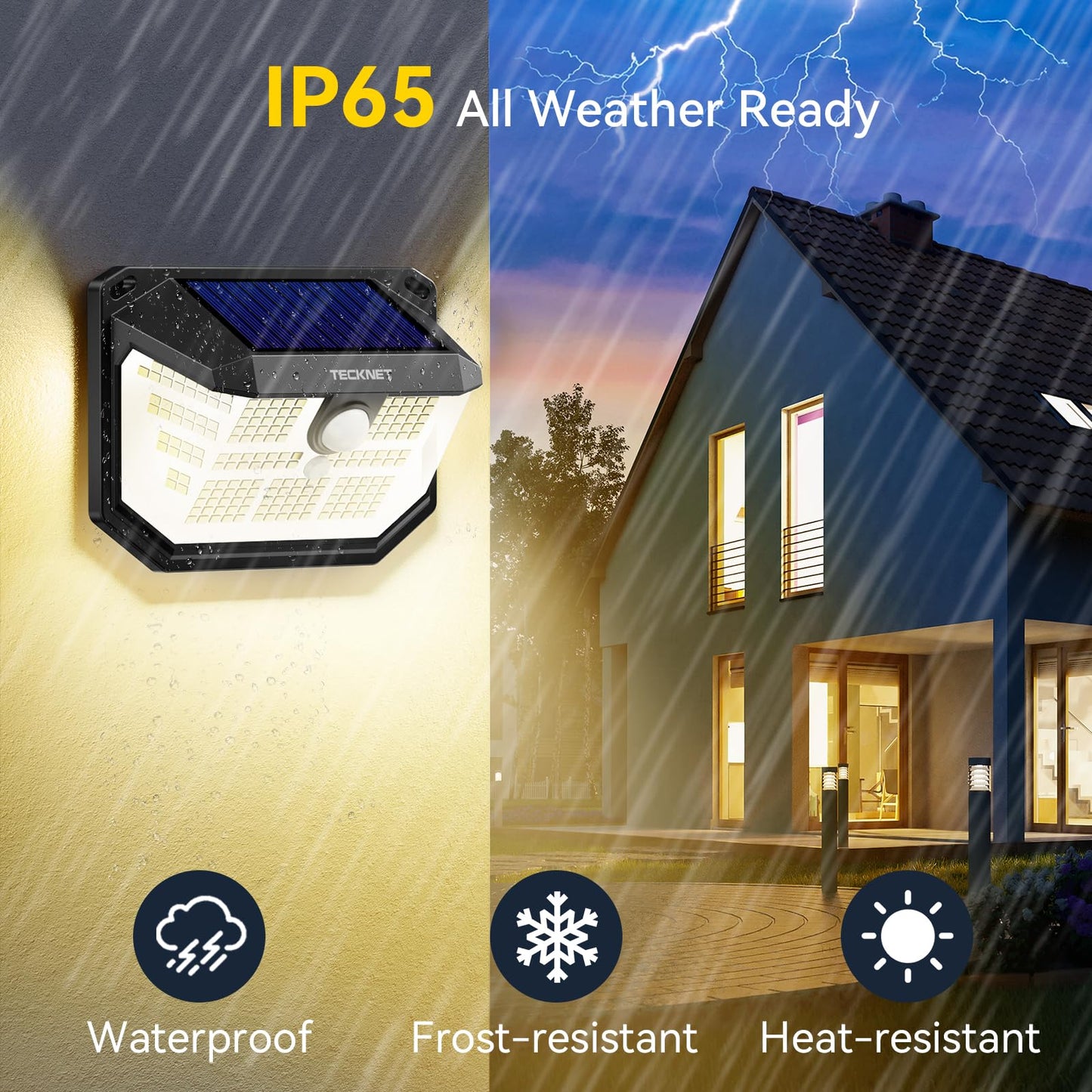 Tecknet 231 Led Motion Sensor Outdoor Lights  4 Pack  300 Solar Security Wall Lights  3 Lighting Modes  Ip65 Waterproof  Pir Motion Sensor For Outside  Fence  Garden  Yard  Deck  Garage - Warm White