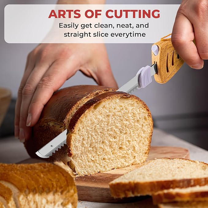 Electric Knife - Carving Knife Set, Easy-Slice Serrated Edge Blades for Meat, Bread, Turkey, Ribs, Fillet, DIY, Ergonomic Handle + 2 Blades for Raw & Cooked Food New Upgrade(Faux Wood)