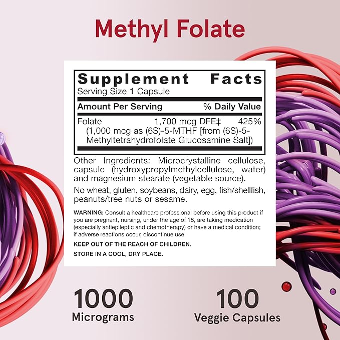 Jarrow Formulas Methyl Folate 1000 mcg, Dietary Supplement, Methyl Folate for Cellular Energy Support, 100 Veggie Capsules, 100 Day Supply, (Pack of 12)