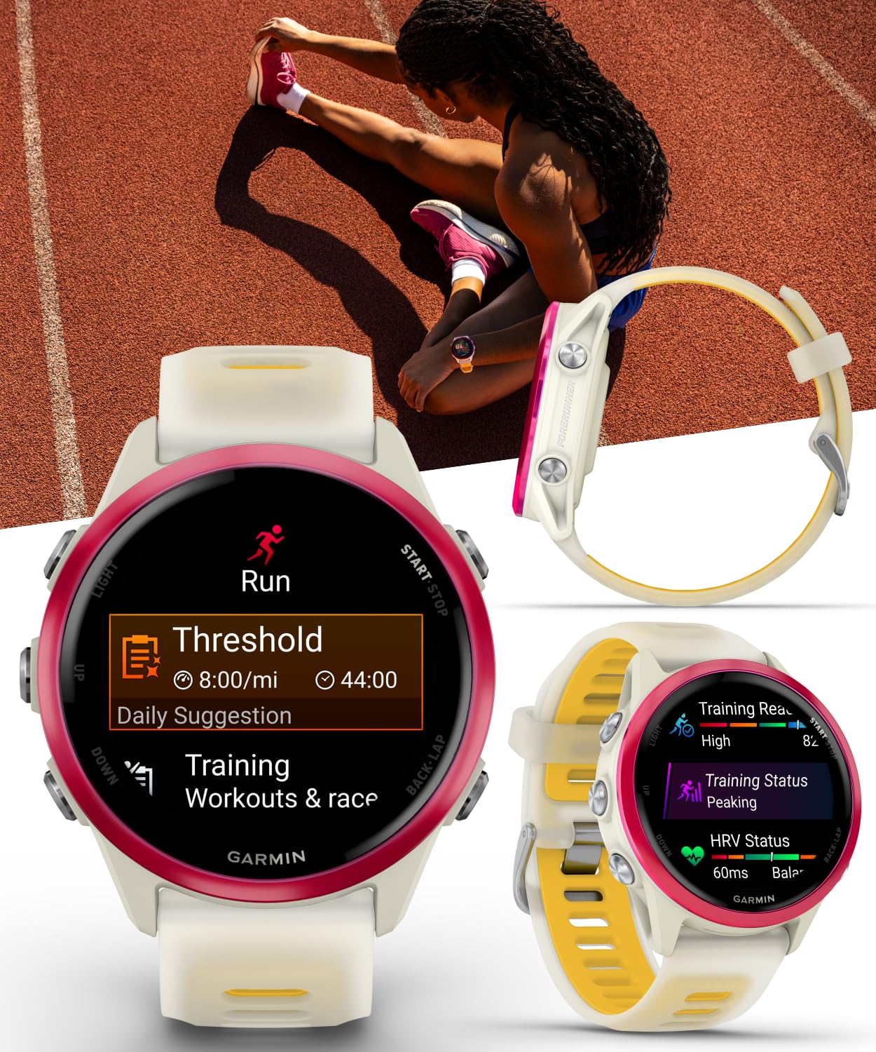 Garmin Forerunner 570 42mm Advanced GPS Running & Triathlon Smartwatch, AMOLED Display, Training & Recovery Features, Raspberry Aluminum w/Translucent Bone/Mango Band w/ Wearable4U PowerBank Bundle