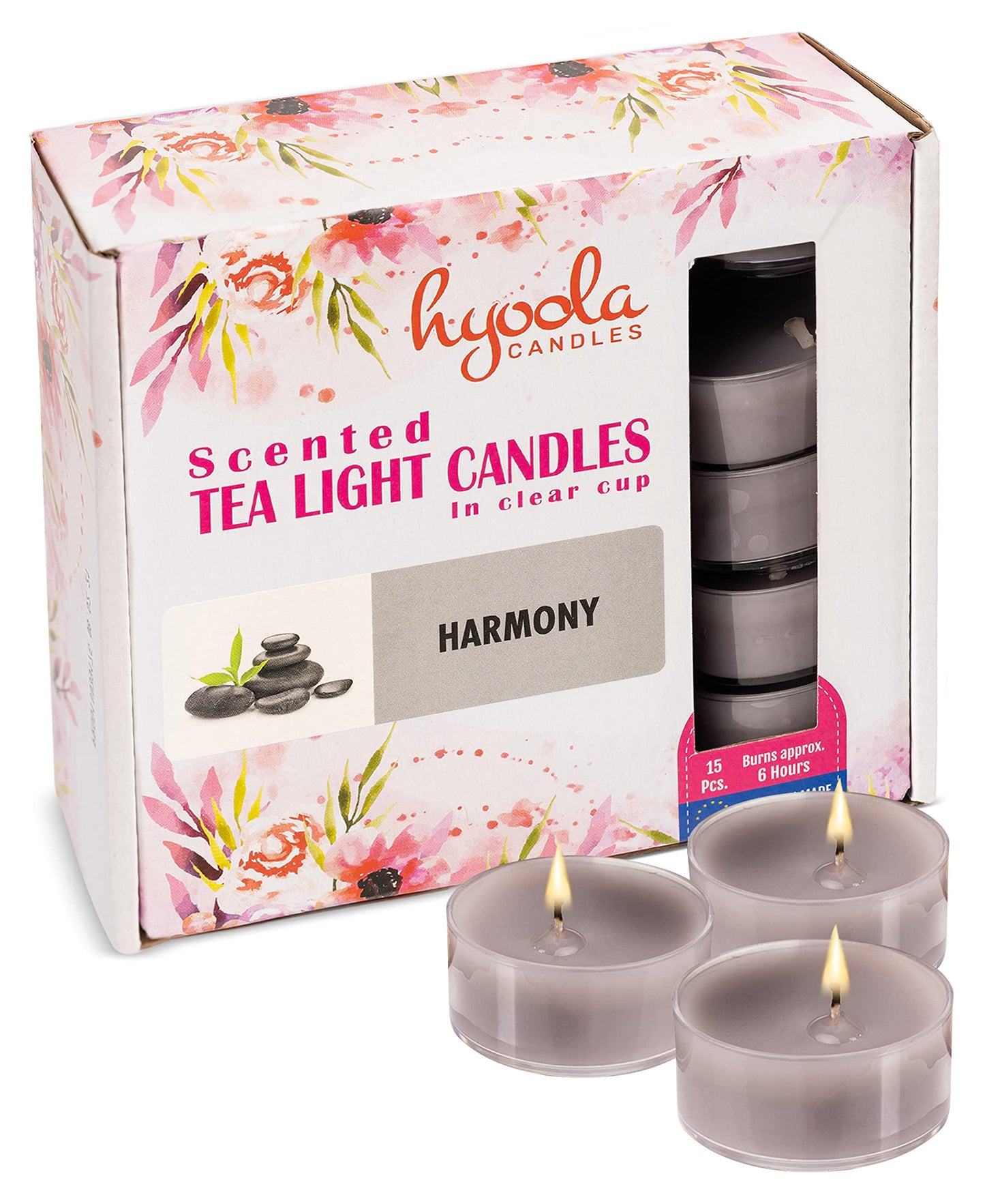 Hyoola Scented Tealight Candles - Clear Cup - Harmony Grey - 6 Hour Burn Time - 15 Pack - Model H10221