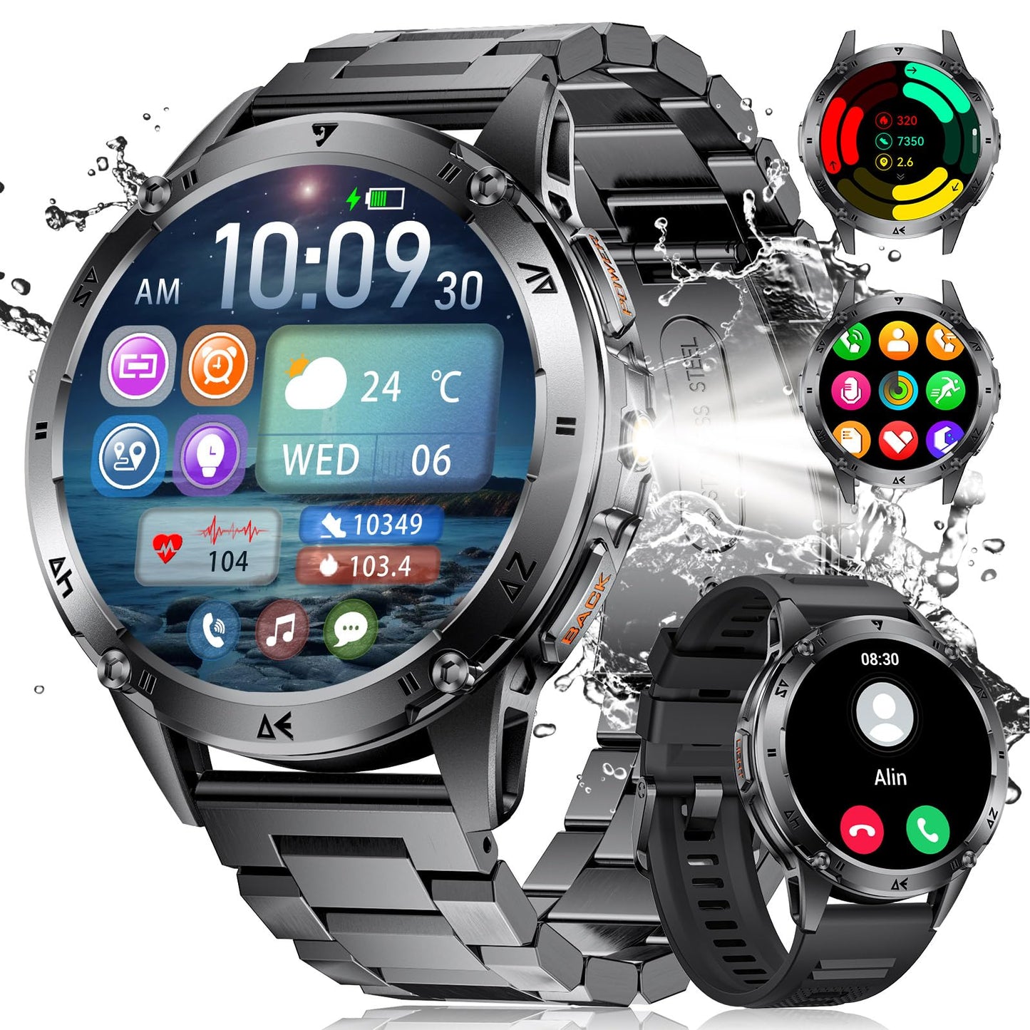 Military Smart Watches for Men ,530mAh Large Battery,1.43"AMOLED Heart Rate/SpO2/Sleep Monitor 5ATM Waterproof Smartwatch for Android iOS (Answer/Make Calls),Fitness Tracker with LED Flashlight