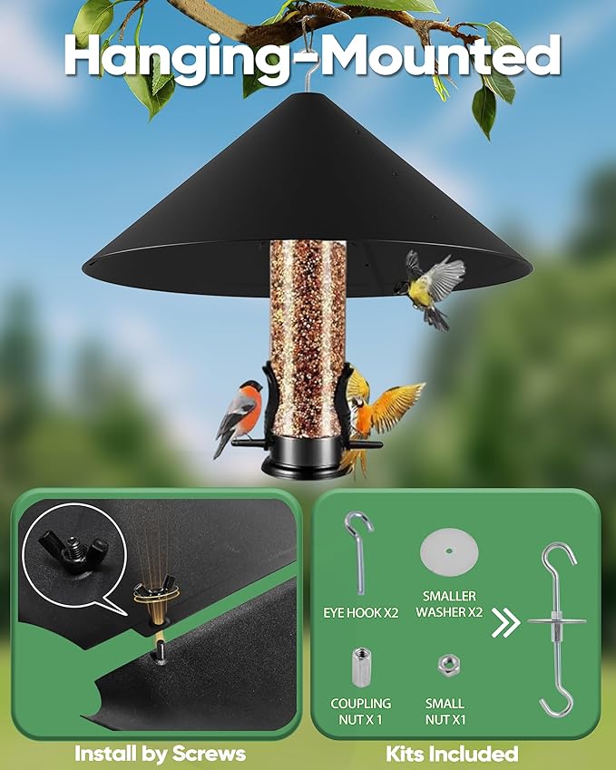 19 Inch Metal Squirrel Baffle for Bird Feeder, Squirrel Proof for Hanging Bird Feeder, Outdoor Bird Feeder Cover, Hummingbird Feeder Umbrella, Rust Chew Proof Heavy Duty