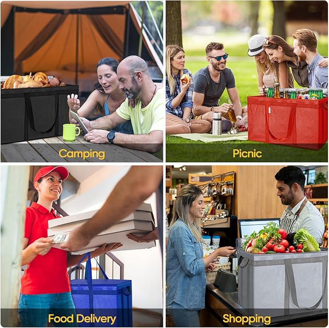 BALEINE 2Pk Insulated Reusable Grocery Bags, Collapsible Cooler Bag for Groceries, Heavy Duty Large Insulated Bag (24''x14''x15'', Midnight Blue)