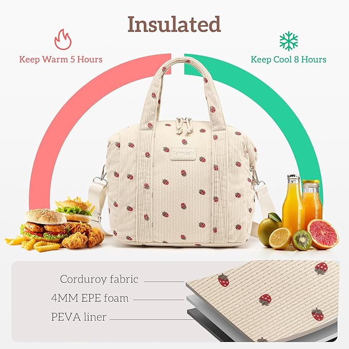 Lunch Bag Women Insulated Lunch Box,Cute Corduroy Lunch bags,Reusable Large Capacity Leakproof Cooler Bag with Adjustable Shoulder Strap for Men Adult Work Office Picnic Travel Strawberry