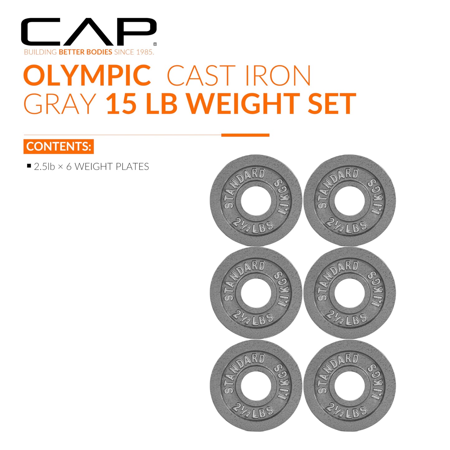 CAP Barbell Olympic 2-Inch Weight Plate, Gray, 2.5 LBS - 6 Plate Set