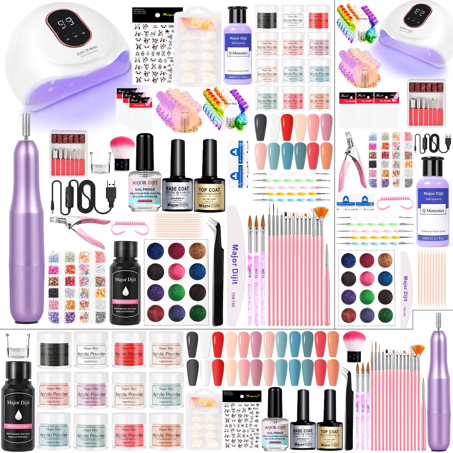 Acrylic Nail Kit Starter Set 12 Color Acrylic Powder with Nail Drill U V Light Full Tools Everything for Beginners Home Salon (-