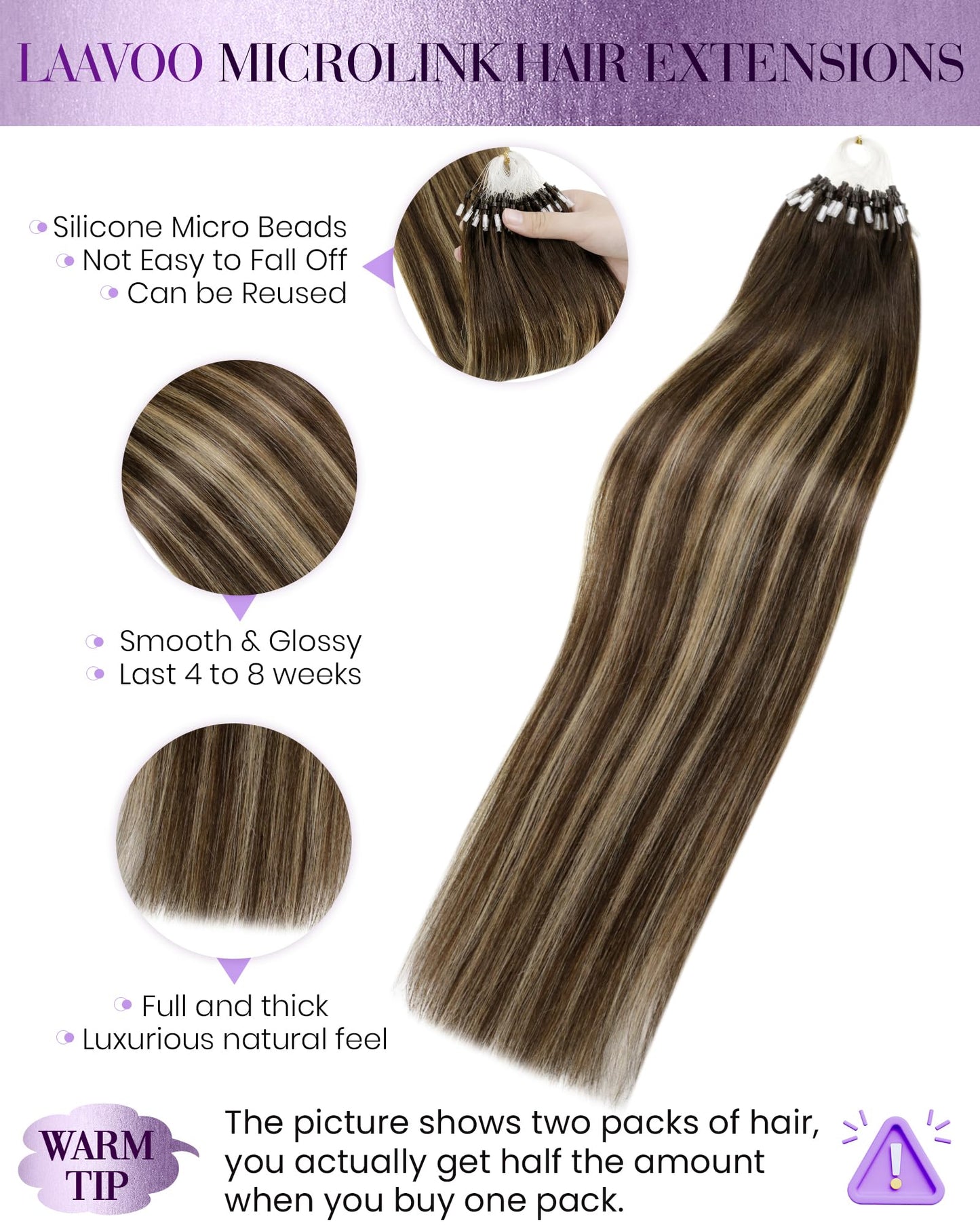 LaaVoo Micro Ring Hair Extensions Human Hair Balayage Medium Brown to Caramel Brown Microlink Hair Extensions Human Hair for Wom