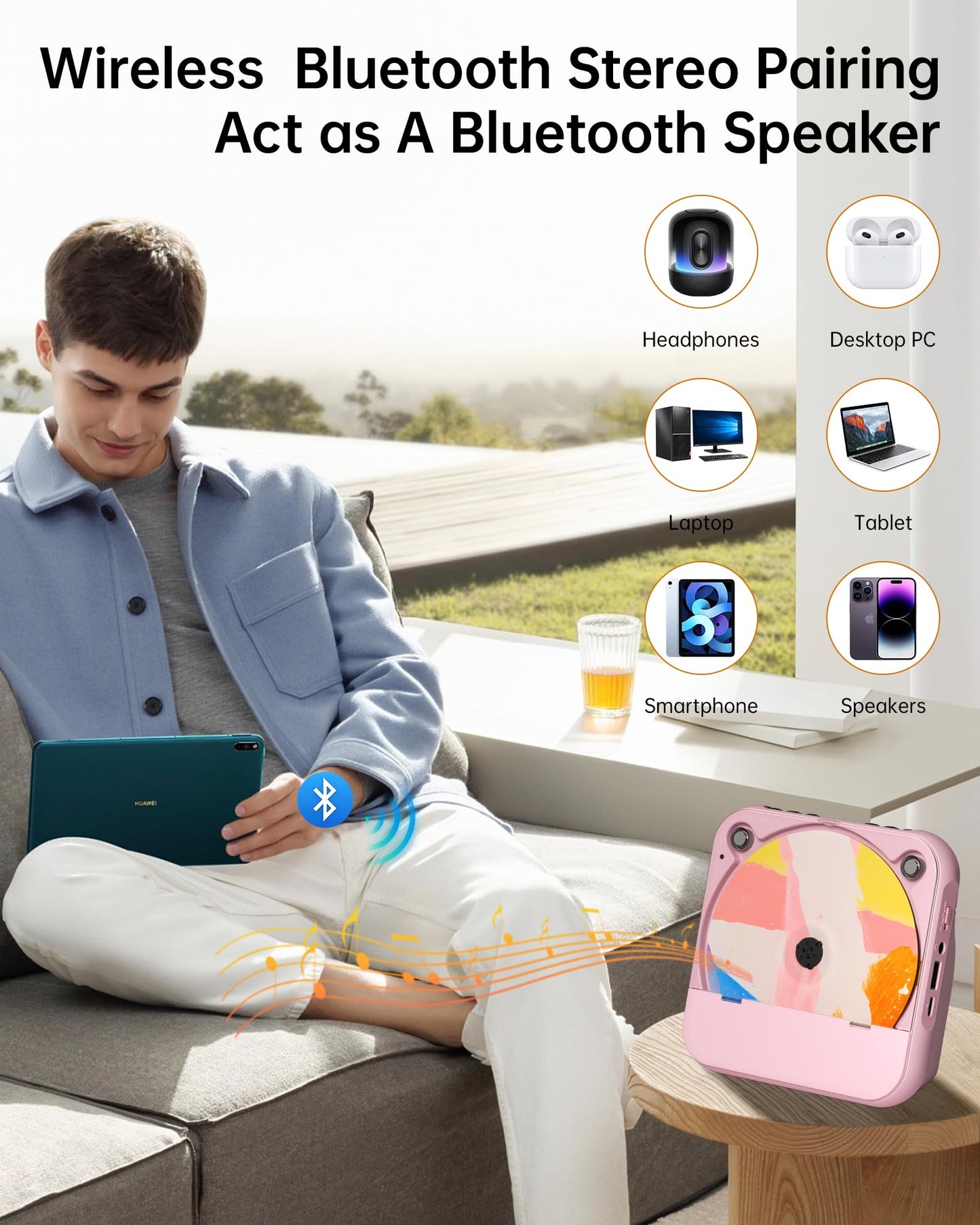 Portable Cd Player With Bluetooth, Rechargeable Wireless Mini Desktop For Home With Hifi Speaker, Cute Cd Player Remote Control,