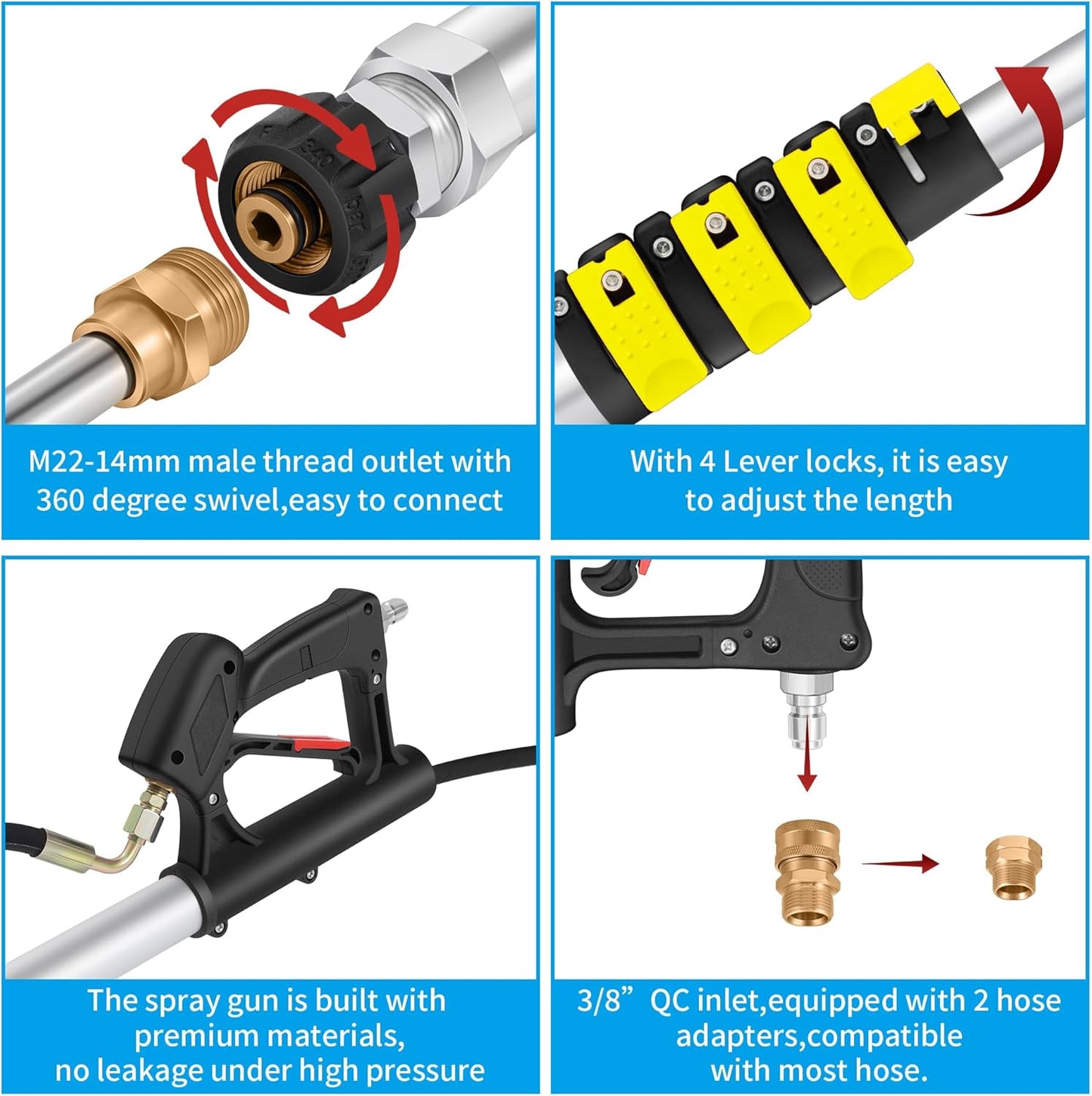 24FT Telescoping Pressure Washer Extension Wand, Aluminum Power Washer Extension Wand, Solar Panel Cleaner Pole with Brush Head, 7 Nozzle Tips, 3 Adapters, Support Belt