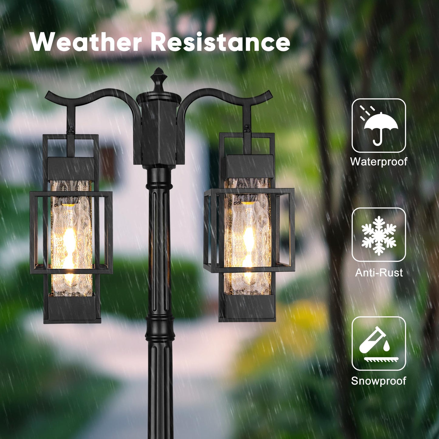 Partphoner Modern Outdoor Lamp Post Light 2-Head  Hardwired Street Light Post For Outside Metal Pole Light Outdoor Lighting With Water Glass Shade For Garden Patio Backyard Walkway Driveway