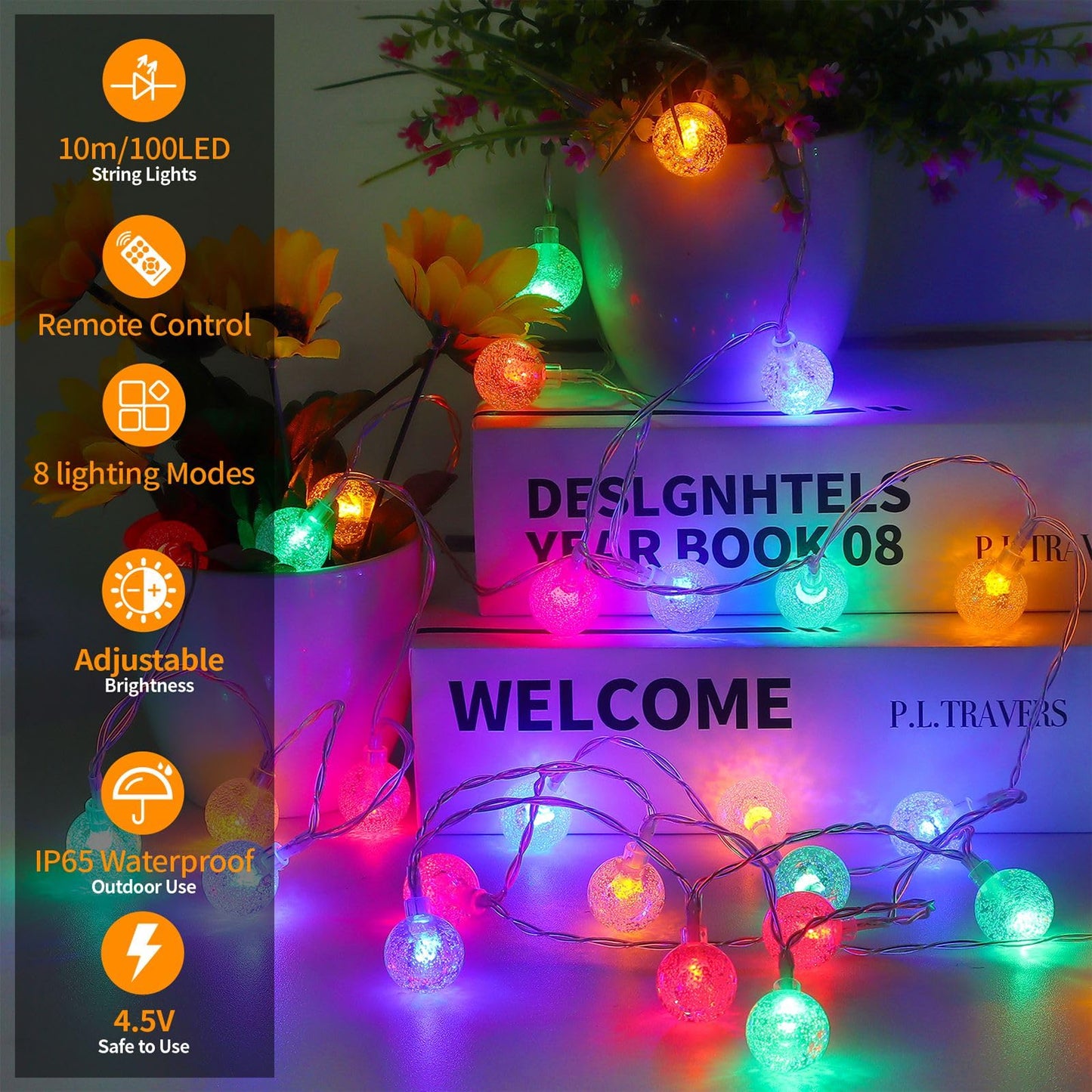 Ryblgled Battery Color Changing String Lights, 33Ft 100 LED, Remote, 8 Modes, Waterproof, Multi-colored
