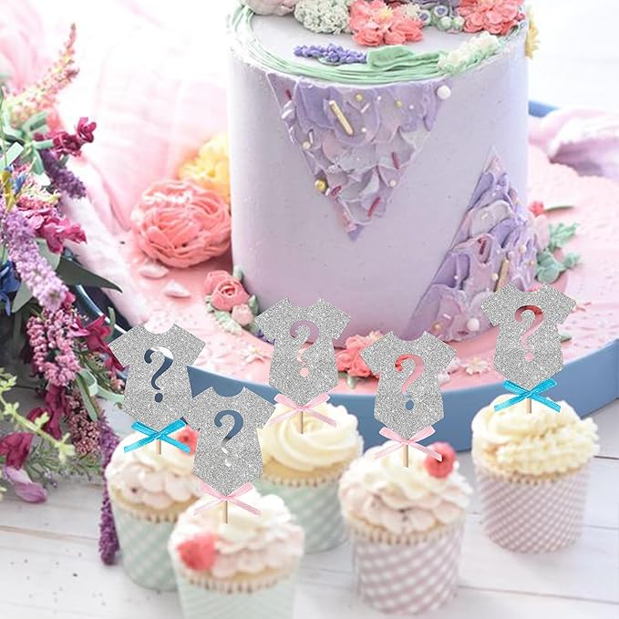Rsstarxi 24 Pack Gender Reveal Cupcake Toppers Pink or Blue Bow Tie Boy or Gir Cupcake Picks Decorations for Baby Shower Gender Reveal Party Cake Decorations Silver