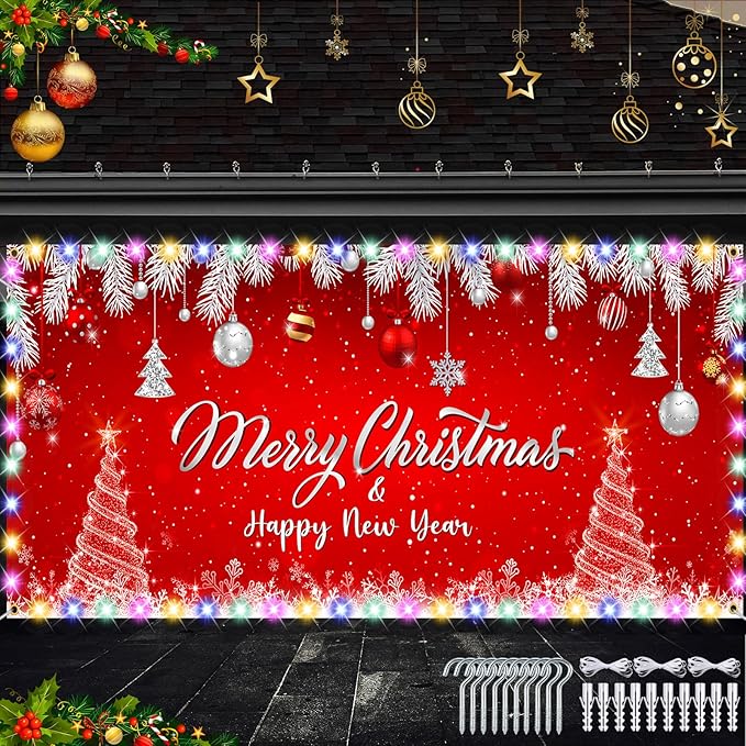 Tatuo Christmas Garage Door Banner with LED Lights 16 x 7 ft Merry Christmas Garage Door Cover Red Xmas Backdrop Decor wit...