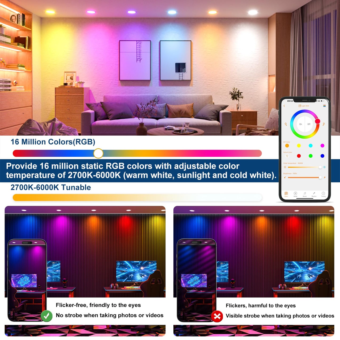 SikSog Black 24 Pack Smart Recessed Lighting 4 Inch RGBCW Color Changing 12W LED Downlight with Junction Box,1000 Lumen Recessed Ceiling Light Compatible with Alexa,Dimmable by Bluetooth Control