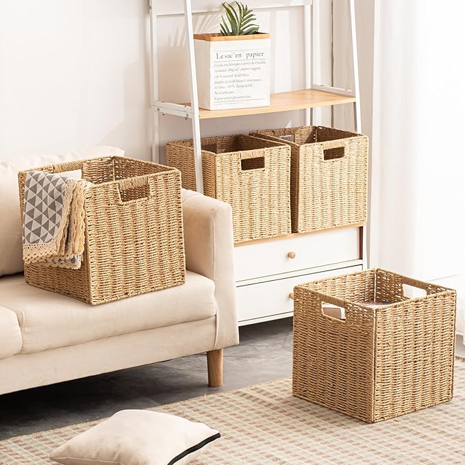 Foldable Storage Baskets with Handles Paper Rope Storage Baskets Rectangle Collapsible Hand Woven Storage Cubes Bins for Organizing Shelves Living Room Bedroom Pantry (4, 13'' x 13'' x 13'')