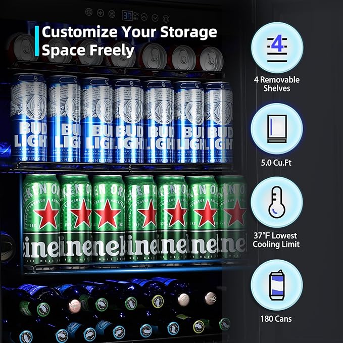 24 Inch Beverage Refrigerator, 180 Can Capacity Beverage fridge, Built in or Freestanding Drink Cooler with Glass Door, Under Counter Beer Fridge, LED Indicator Light and Adjustable Shelve