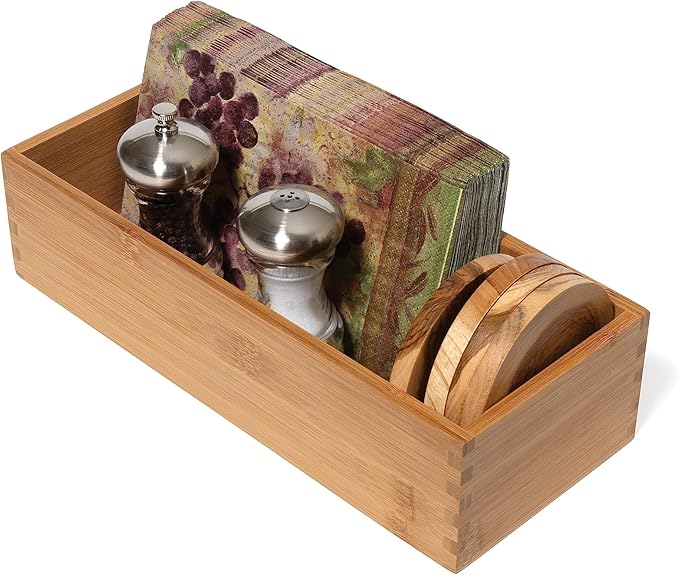 Lipper International Bamboo Wood Utensil Holder Storage Box for Cooking Tools, Makeup, or Office Supplies, 5" x 12" x 3"