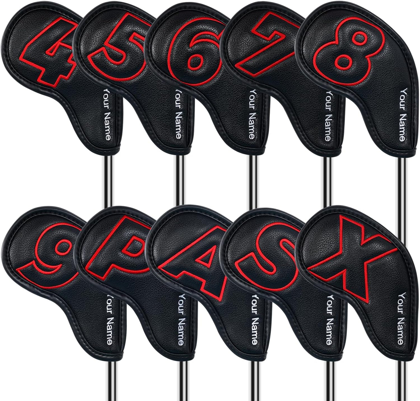 Craftsman Golf 10pcs Red No. on Both Sides Magnetic Closure Classic Black Leather Iron Headcover Covers Set Travel Cases Protector Available Custom with Name