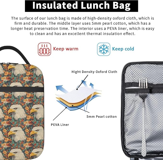 Eagle Lunch Box Insulated Lunch Bag for kids Girls Boys,Reusable Lunch Box Containers for Women Men,Durable Cooler Tote Bag Lunchbox for Office/School/Picnic