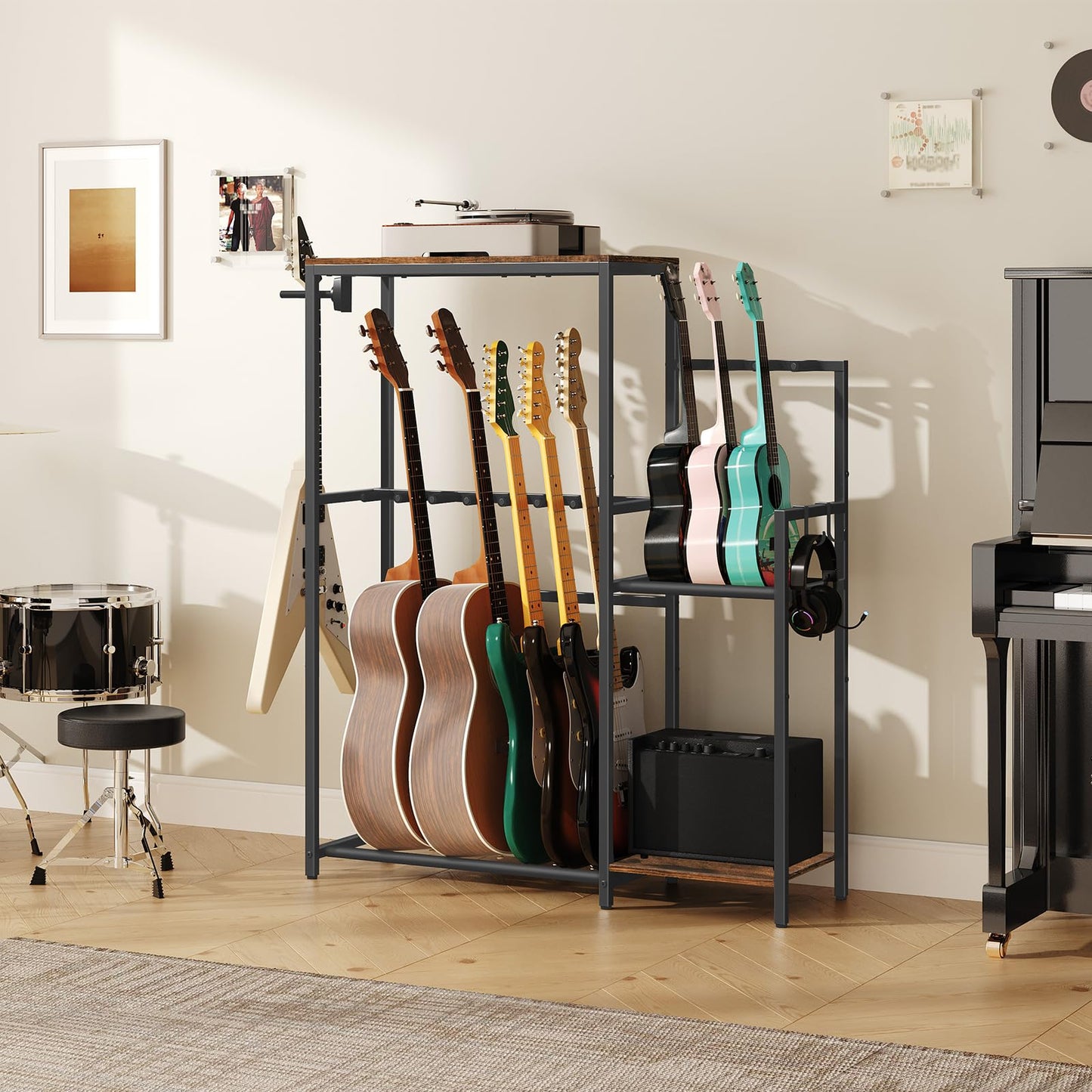 Mahancris Guitar Stand, Multi-Guitar Rack, For Acoustic, Electric Guitar, Bass, Ukulele, Banjo, For 6 - 7 Guitars, Guitar Amp St