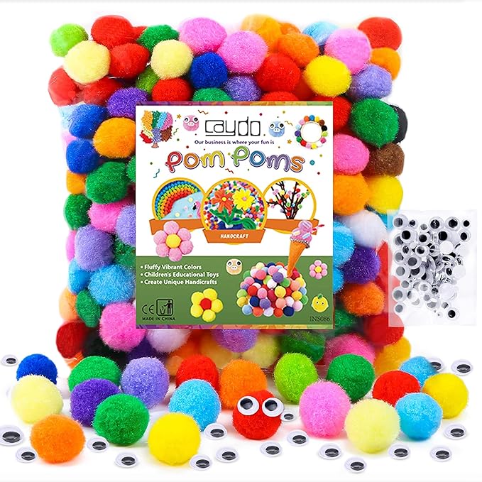 Caydo [400 pcs] - 300 Pieces 1 Inch Assorted Pompoms with 100pieces Wiggle Eyes Multicolor Arts and Crafts Pom Poms Balls ...