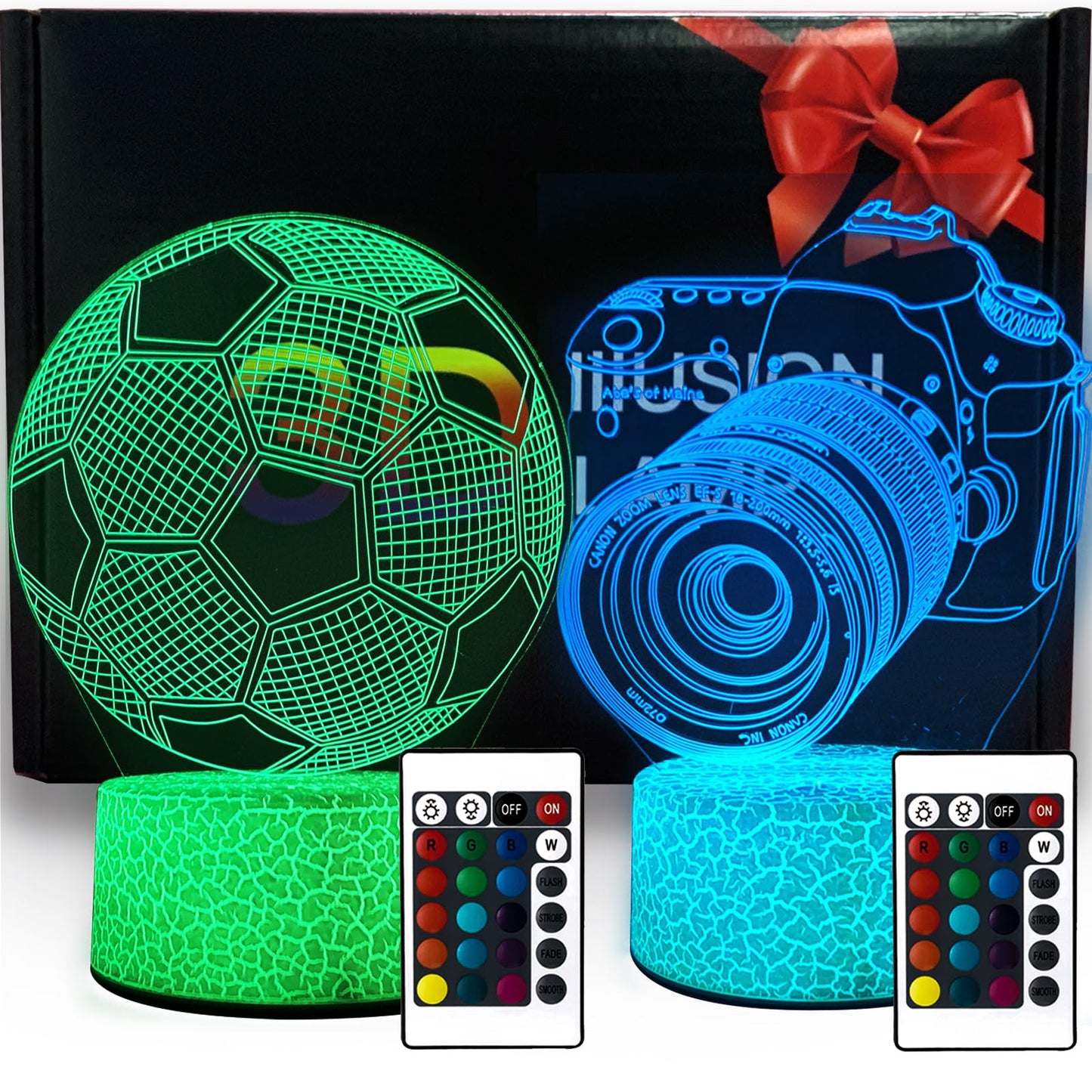 ZQX Night Light for Kids, 2 pcs 3D Optical Illusion Lamp with Soccer and Camera Patterns, USB Rechargeable Lamp with 16 Colors C