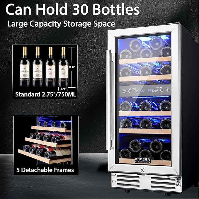 BODEGA 15” wine cooler, Dual Zone Wine Fridge With Double-Layer Glass Door, Built In or Freestanding Wine Cooler Refrigerator With Stainless Steel Handle, 30 Bottles Wine Fridge. Gift for Christmas.