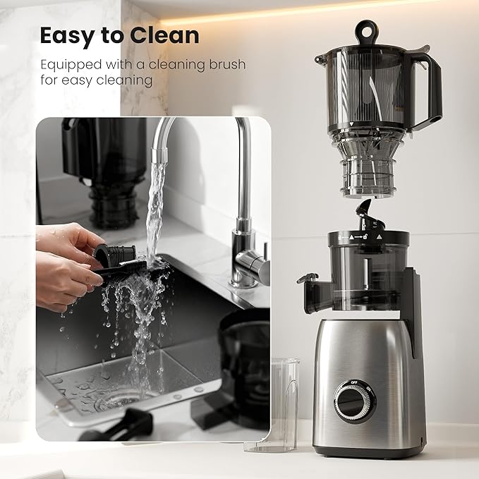 Kismile Cold Press Juicer, 5.4" Wide Feed Chute Slow Masticating Juicer with High Juice Yield, Stainless Steel Juice Machine for Fruits and Vegetables, Includes 1.2L Pulp Bin & 1L Juice Cup