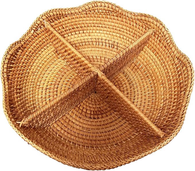 i-lan 4 Sections Round Wicker Snacks Nuts Candy Serving Basket, Handwoven Fruit Basket Tray Food Plate Storage Organizers Valet Tray for Keys, Wallets,Party