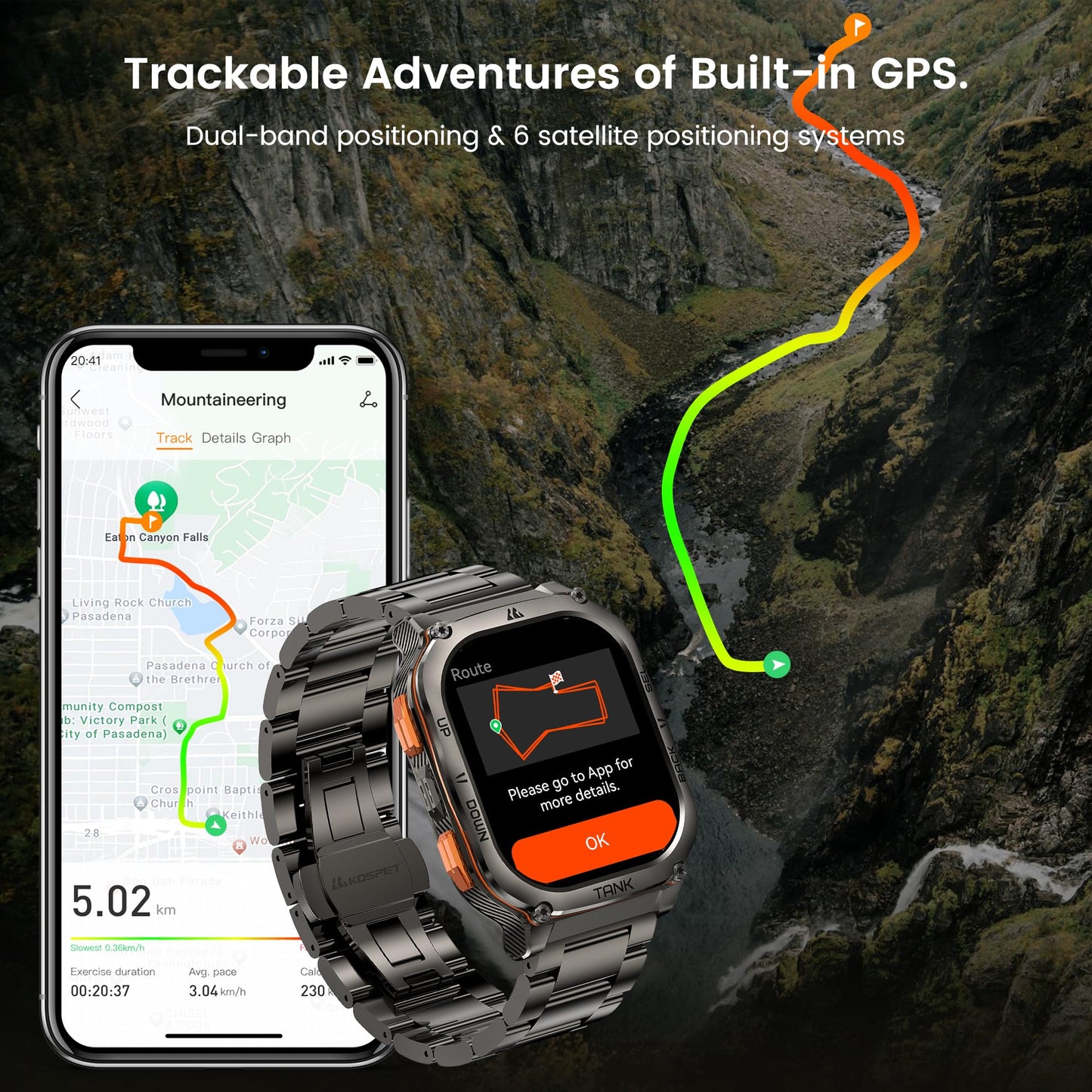 KOSPET Tank M3 Ultra GPS Smart Watch, 50M Waterproof, Compass, Altitude, Air Pressure, 480mAh Large Battery, Stainless Steel, Bluetooth Call, 1.96'' AMOLED Always-on Display, AI Voice, Metal Band