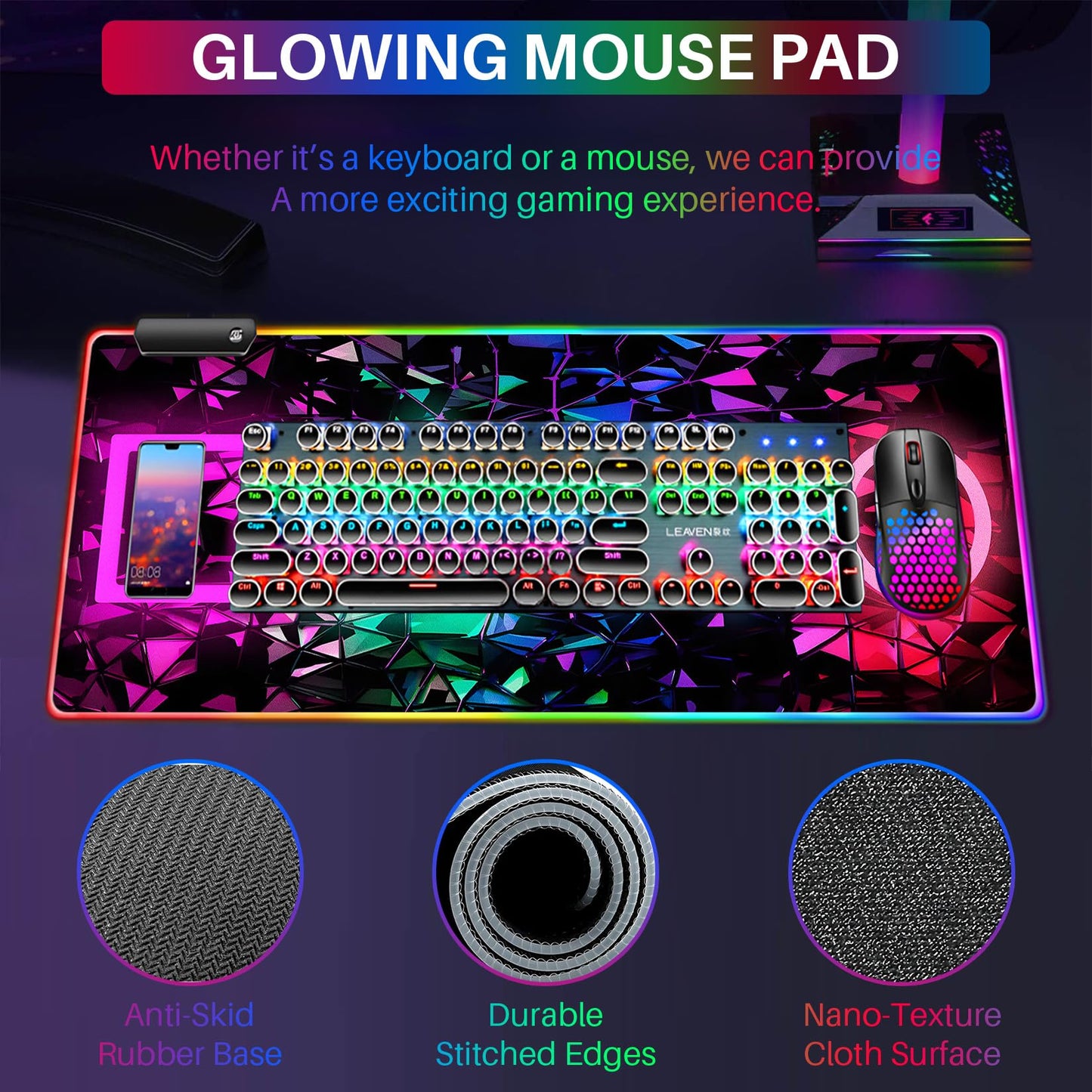 Sbarklo XL RGB Gaming Mouse Pad with 14 Light Modes - Light Up Gamer Mouse Pad,31.5 x 11.8in Non-Slip 4 Keys Style Led Large Gamer Mousepad, Black Long Glowing Gaming Accessories for Desk, Waterproof