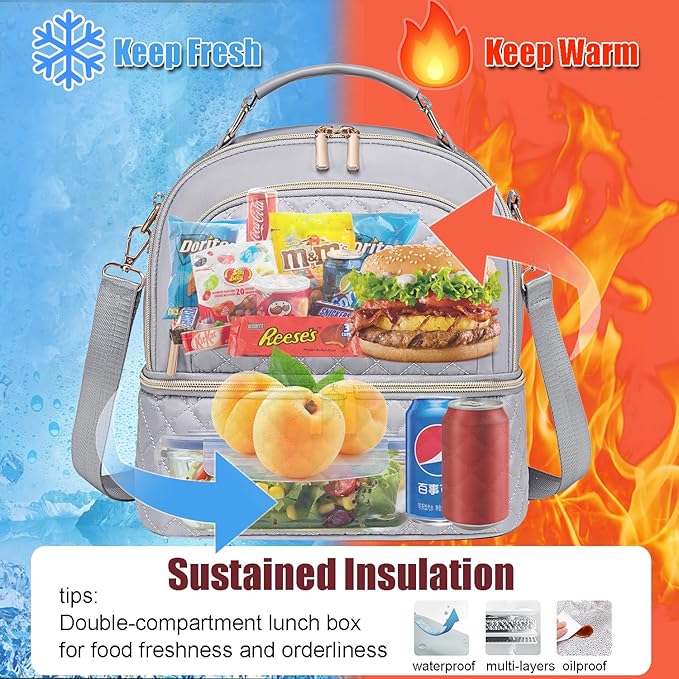 Lunch Bag - Dual Compartment Insulated Lunchbox for Men & Women - Leakproof Lunch Cooler with Adjustable Strap for Work, Picnic, Beach