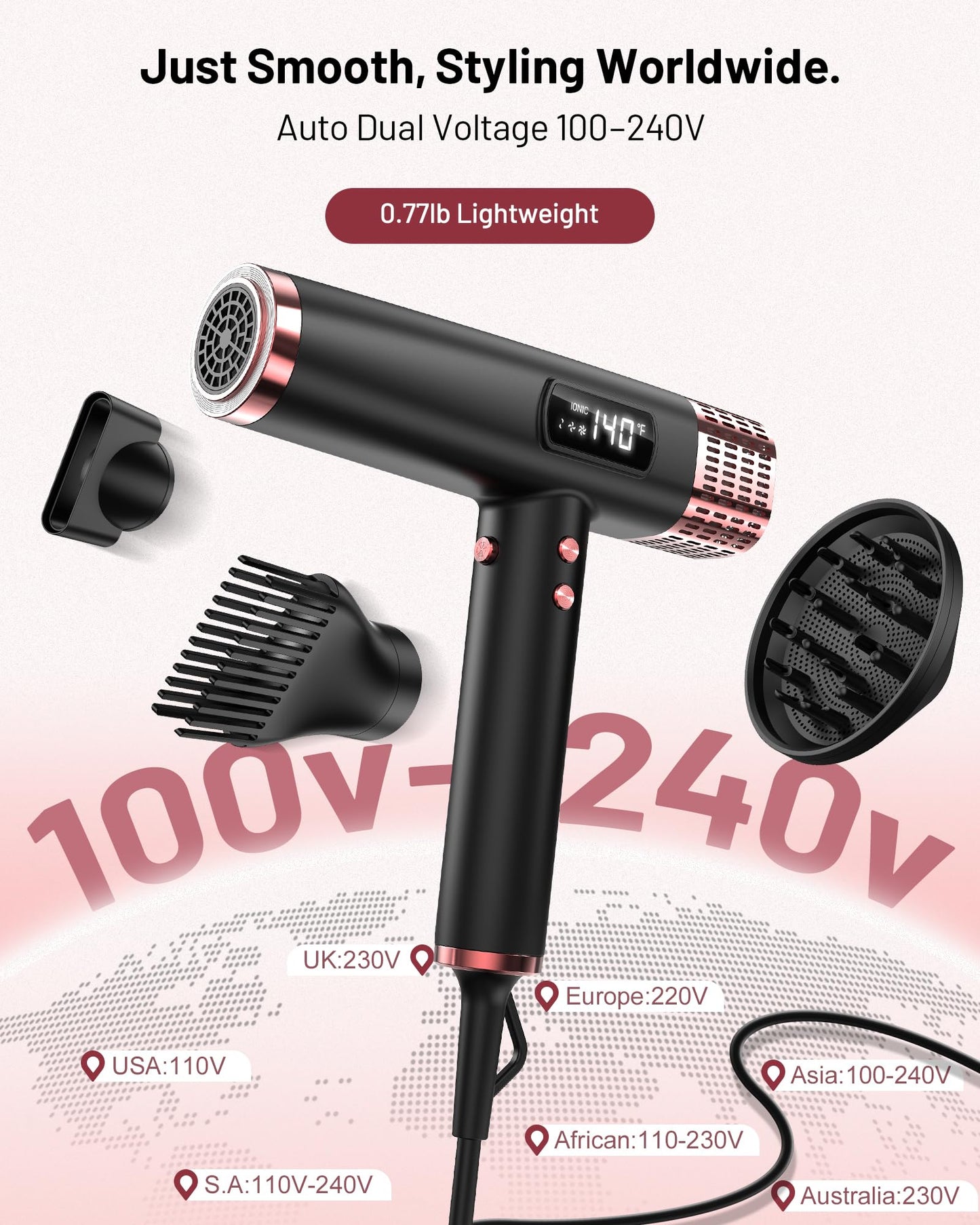 MESCOMB Dual Voltage Ionic Hair Dryer with Diffuser - 1875W High-Speed Blow Dryer for Women, Fast Drying, No Heat Damage, Low No