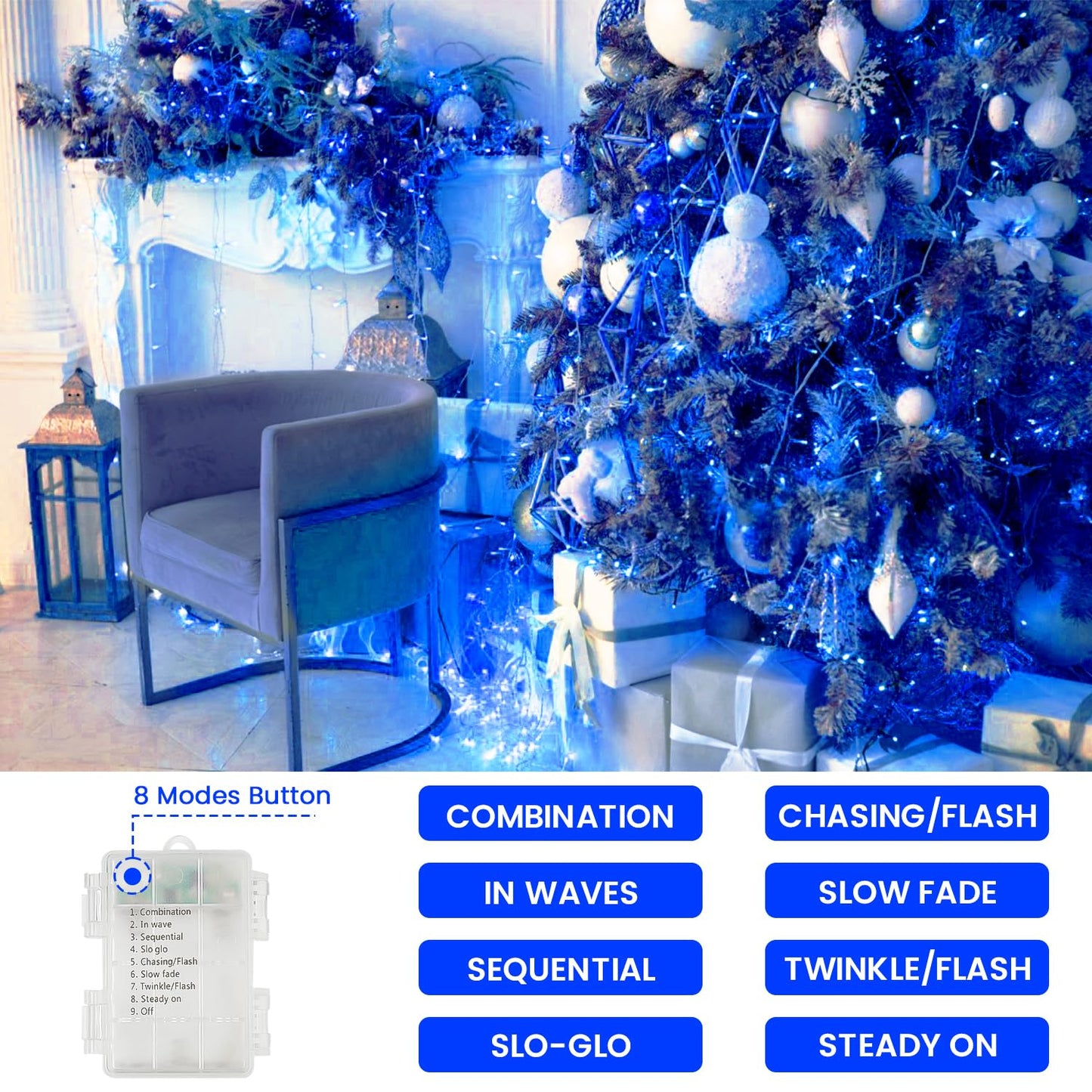 2 Pack Christmas String Lights Battery Operated With Timer  66Ft 200 Led Waterproof Twinkle Lights  8 Modes Fairy Light For Indoor And Outdoor Bedroom Garland Tree Christmas Decorations (Blue)