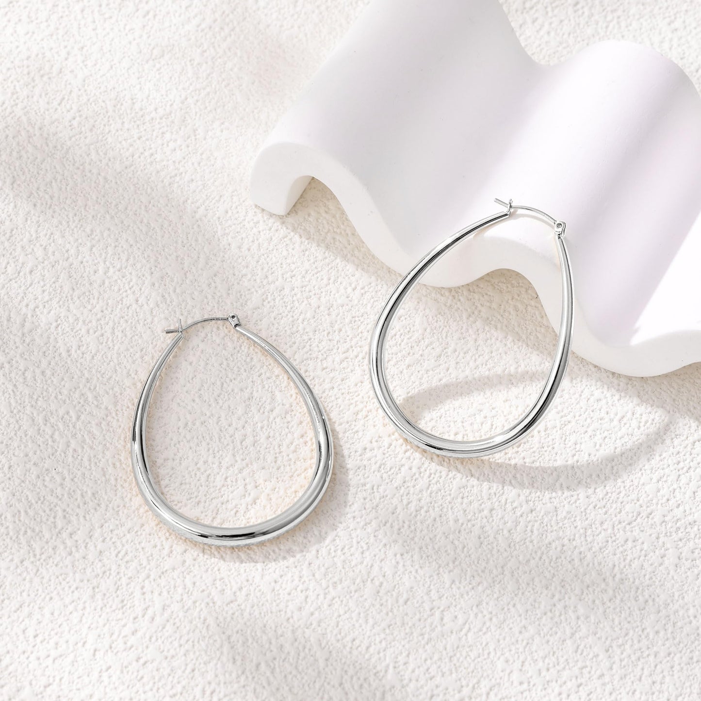 Gacimy Silver Chunky Hoop Earrings for Women, 14K White Gold Plated Oval Hoop Big Earrings with 925 Sterling Silver Post, 50mm W