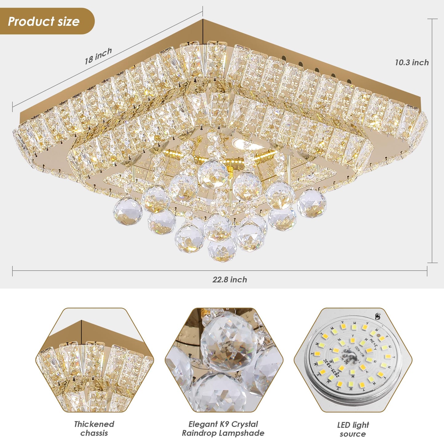 REDSTAR 18in Gold Crystal Flush Mount Ceiling Light, K9 Crystal & Stainless Steel, Remote & APP Control, Model A228-18in-GD