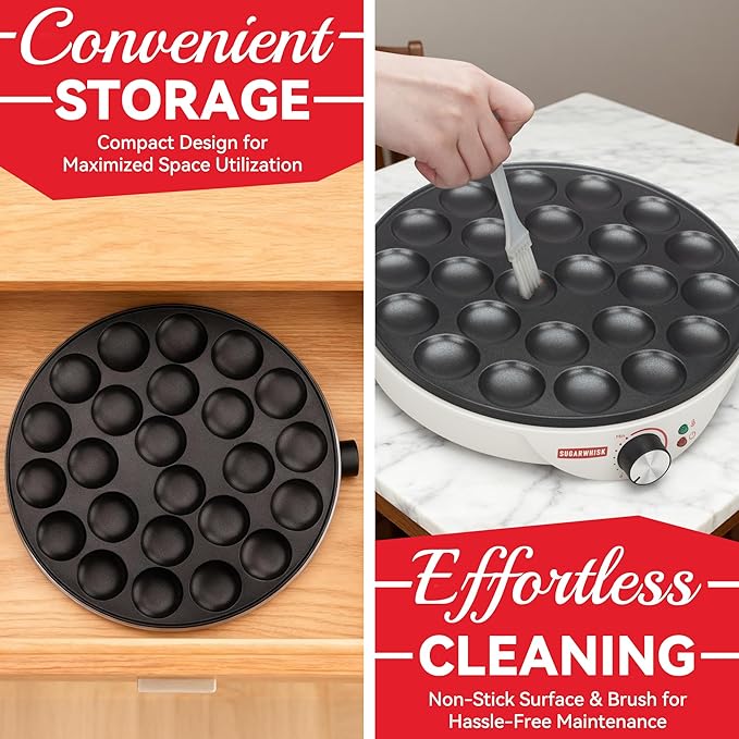 24 Slots Mini Pancakes Maker, Poffertjes Maker Pan, Thin Ebelskiver Aebleskiver Pan, Electric Pancakes Maker, Dutch Pancake Machine, Browning Controllable, with Brush & Forks, White