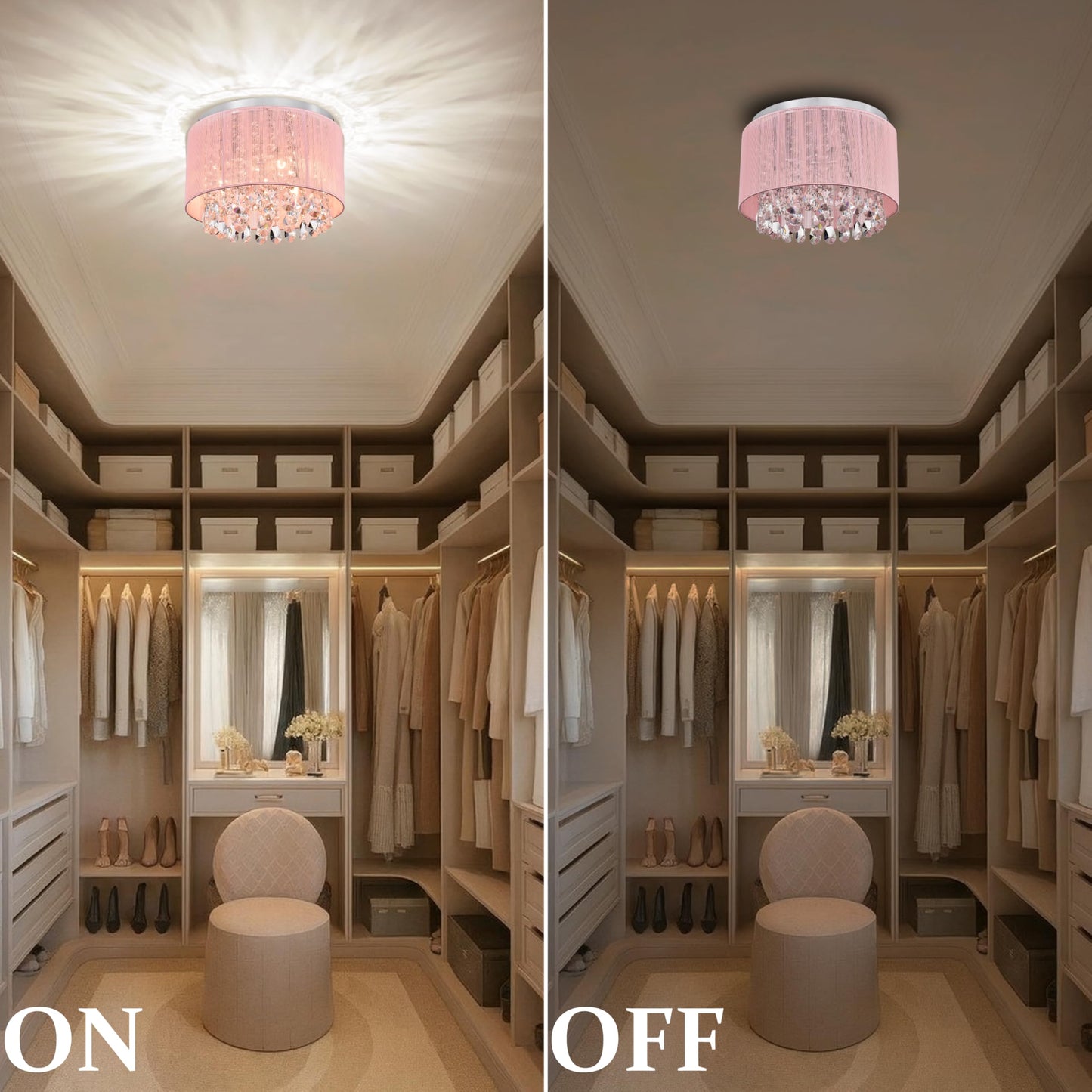 Lalula Pink Chandelier Drum Flush Mount Light Fixture - 3-Light 11 Round Crystal Ceiling Light For Girls Bedroom