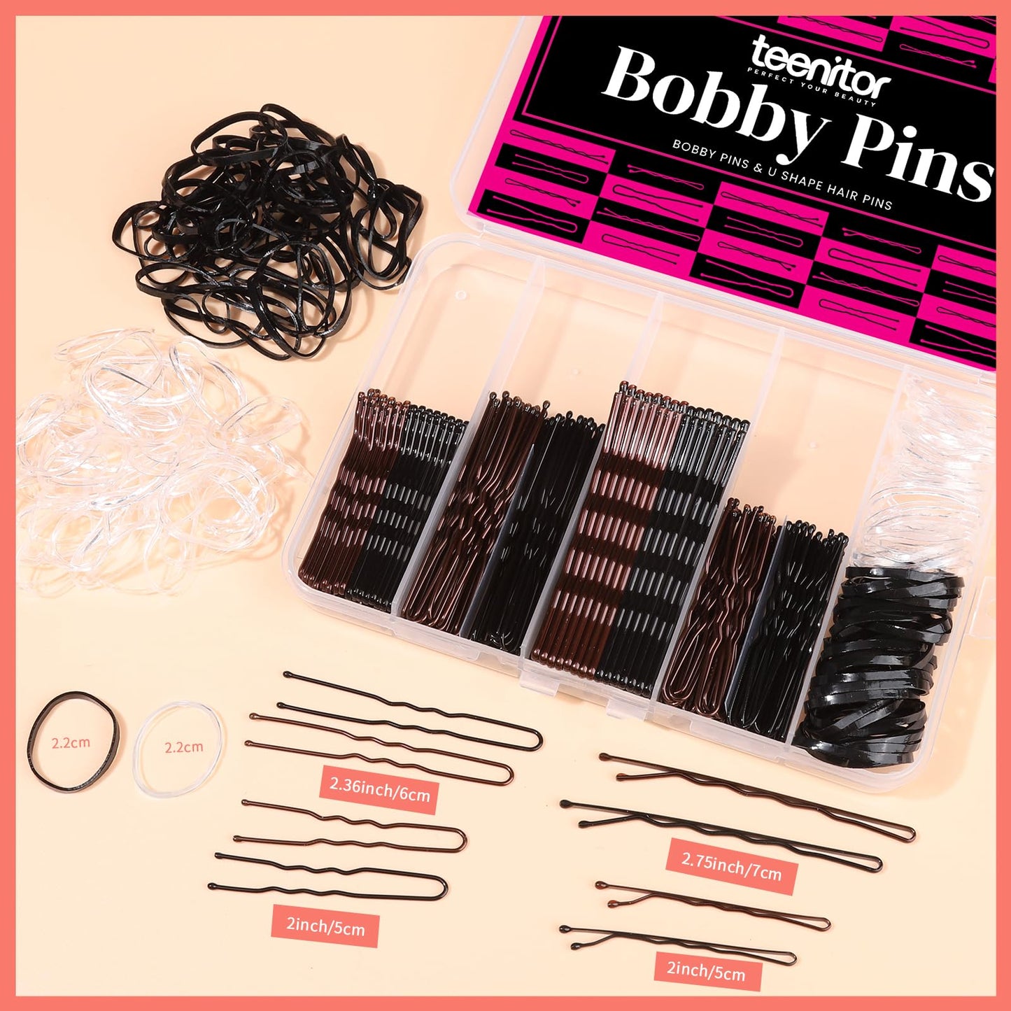 Teenitor 300pcs Bobby Pins Hair Pins, 100 Hair Pins 100 Bobby Pins Brown Hair Black for Women 100 Hair Bands 2inch 2.36inch 2.75