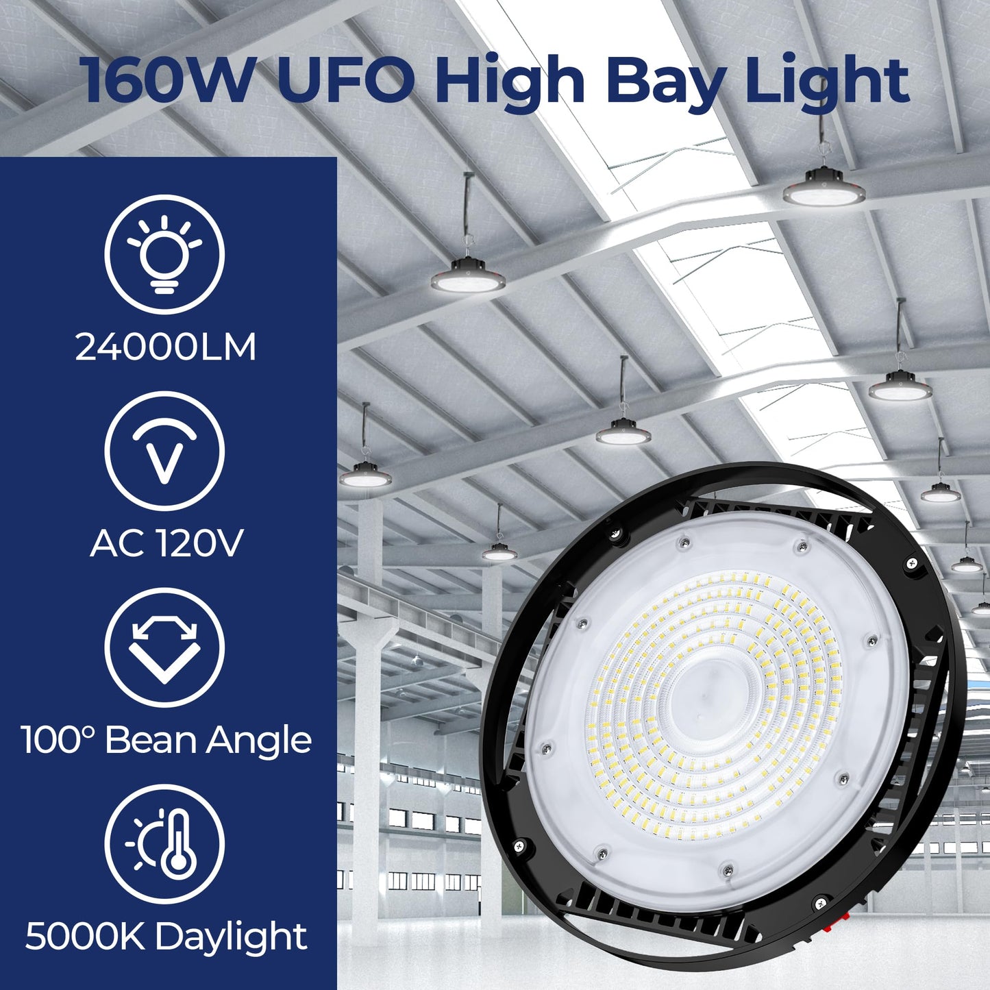 Cinoton 160W Ufo Led High Bay Light, 24000Lm, Aluminum, Daylight White 5000K, Etl Listed, Model Hb025, 1 Pack